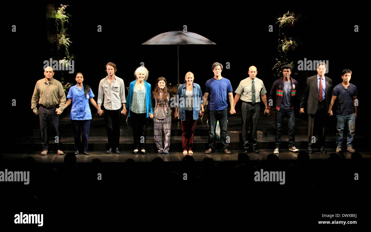 John Sharian, Mahira Kakkar, Peter Scanavino, Mary Beth Peil, Madeleine Martin, Mary McCann, Gareth Saxe, Jordan Lage, Stephen Tyrone Williams, Christopher Innvar and Vandit Bhatt Opening night curtain call for the Atlantic Theatre Company production of ‘ Stock Photo