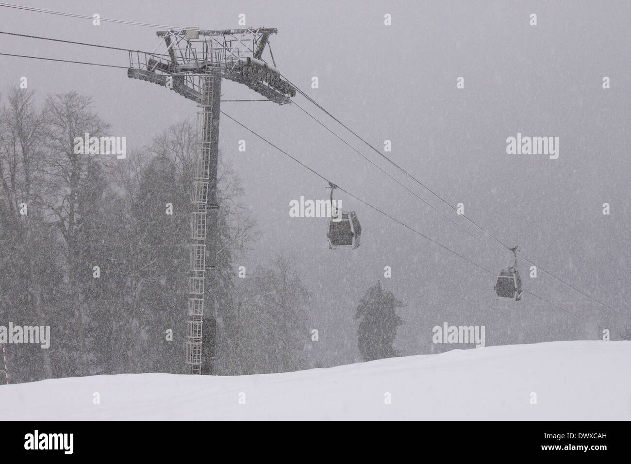 view on cableway at heavy snowing weather Stock Photo