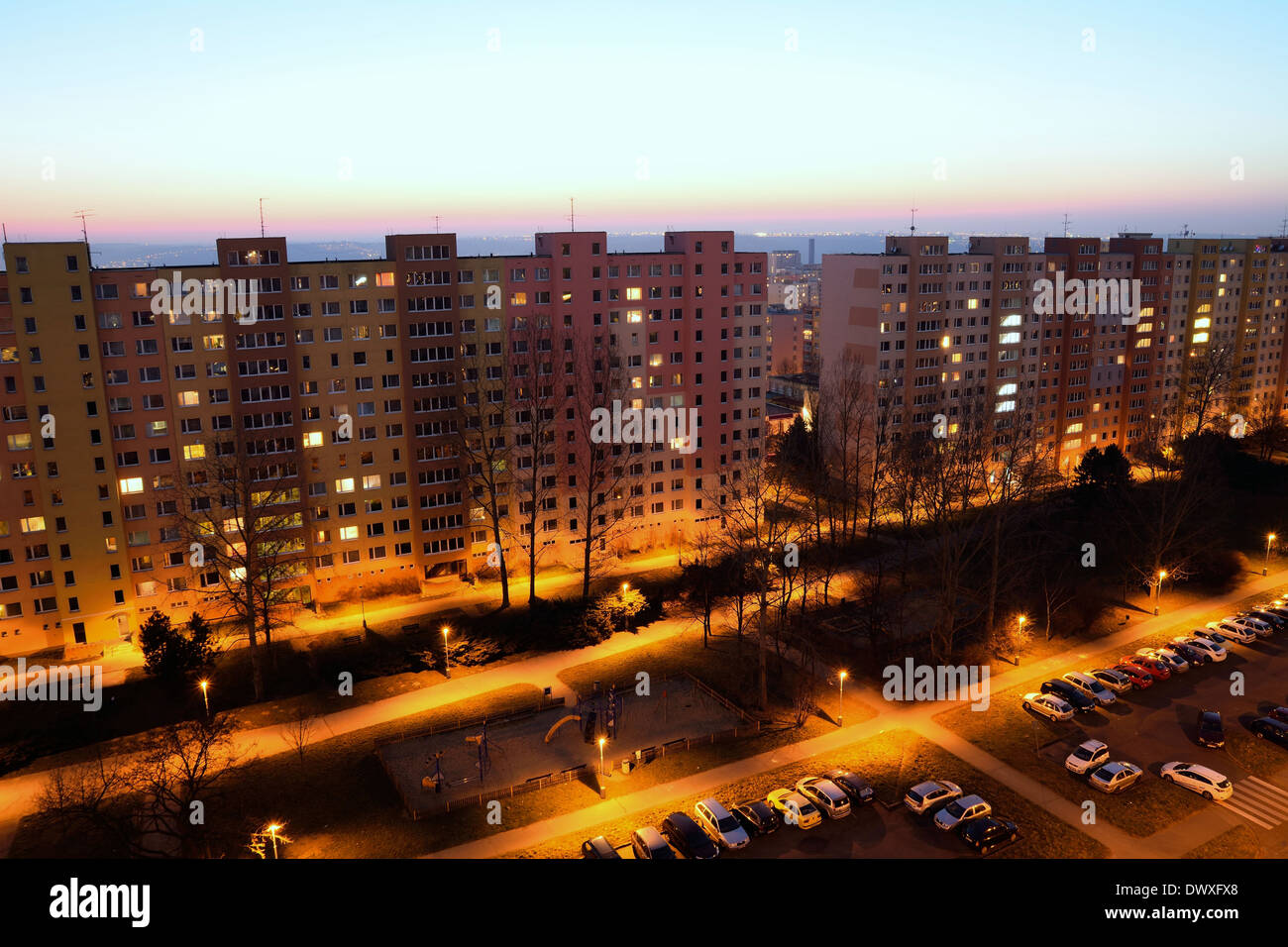 Housing development at sunset. Block of flats at night. Stock Photo
