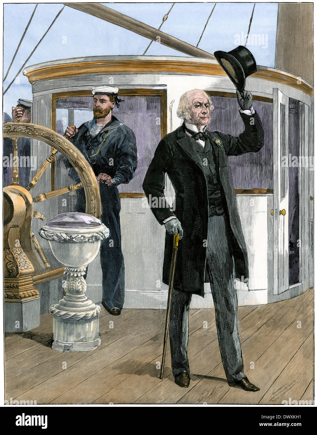 Prime Minister William Ewart Gladstone on board Queen Victoria's yacht 'Alberta,' 1892. Hand-colored woodcut Stock Photo