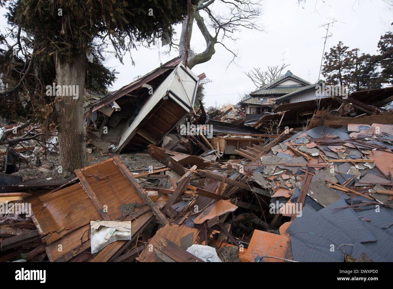 Devastation caused by tsunami, Miyagi, Japan Stock Photo