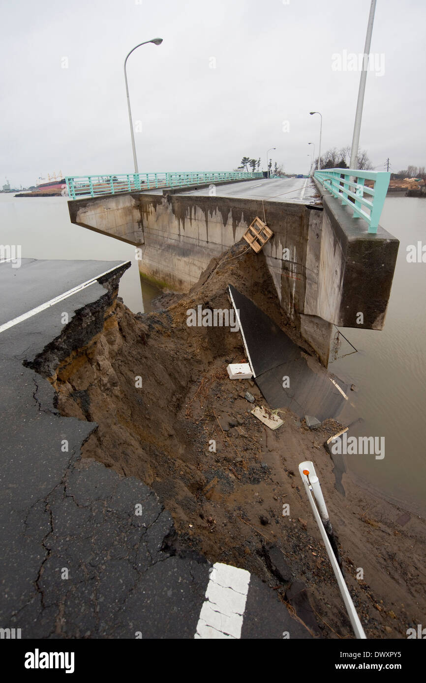 Bridge damaged by tsunami, Miyagi, Japan Stock Photo