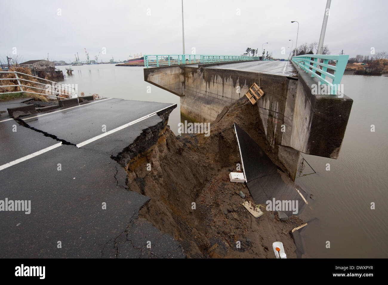 Bridge damaged by tsunami, Miyagi, Japan Stock Photo