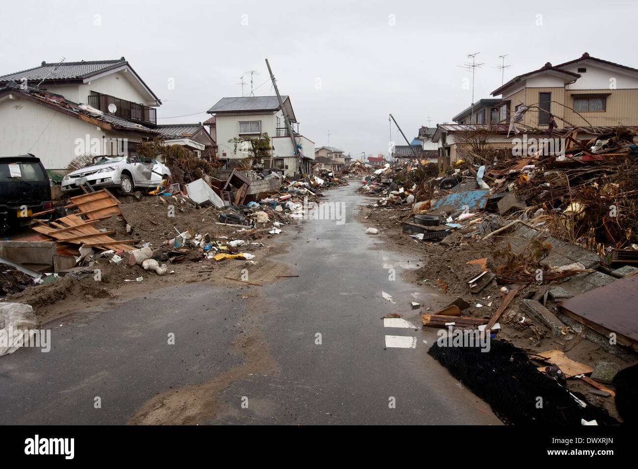 Devastation caused by tsunami, Miyagi, Japan Stock Photo