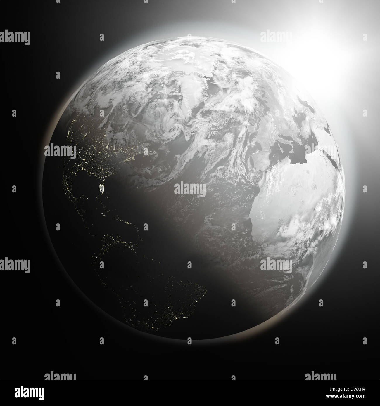 Space view of the sun rising over northern hemisphere on black planet ...