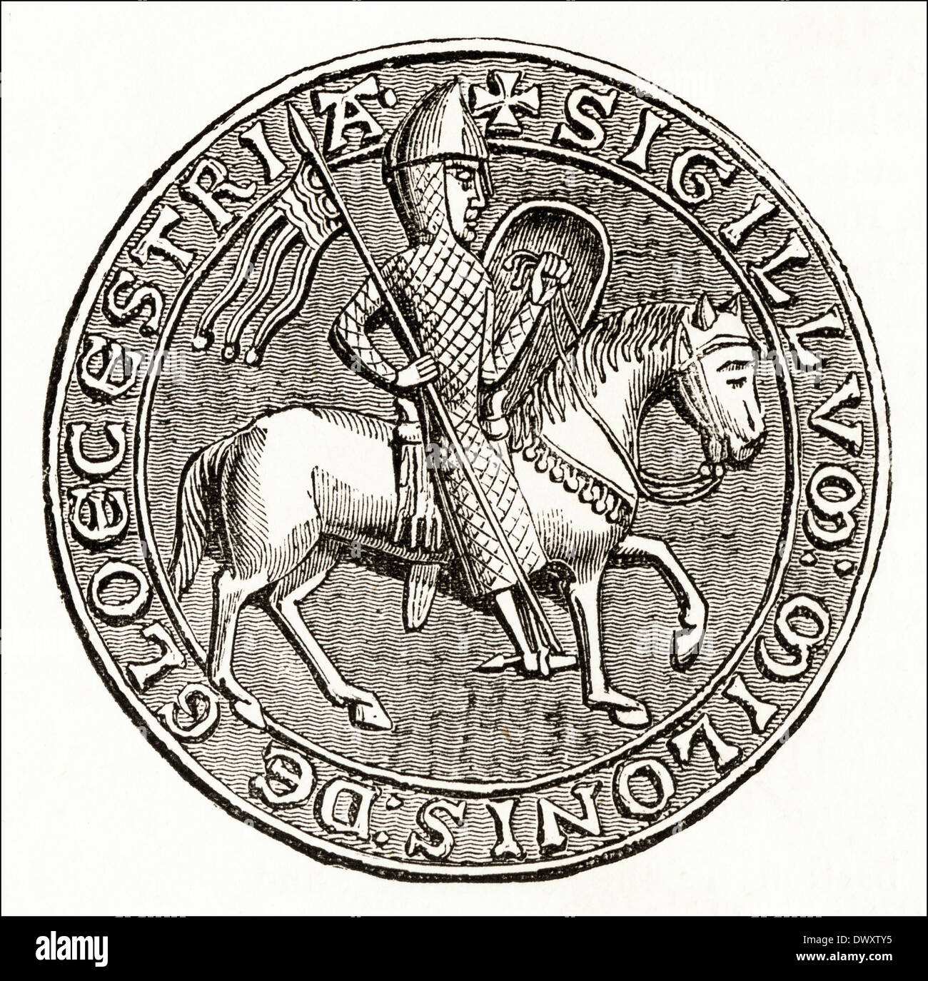 Great Seal of Miles Fitz Walter of Gloucester, Constable of England under King Henry I. Victorian woodcut circa 1845 Stock Photo
