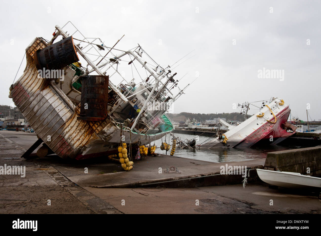 Fishing boats washed ashore by tsunami, Fukushima, Japan Stock Photo