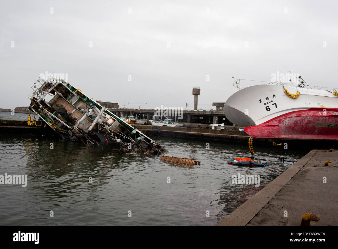 Fishing boats washed ashore by tsunami, Fukushima, Japan Stock Photo