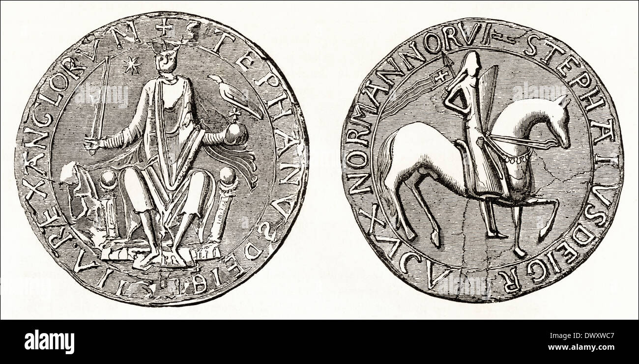 Great Seal of Stephen, 12th century King of England. Victorian woodcut circa 1845 Stock Photo
