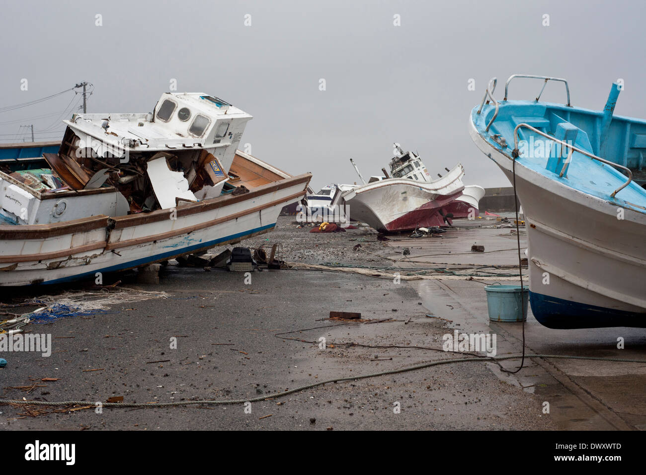 Fishing boats washed ashore by tsunami, Fukushima, Japan Stock Photo