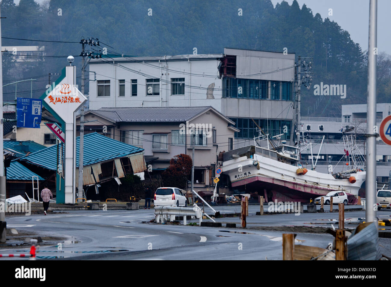 Kesennuma devastated by tsunami, Miyagi, Japan Stock Photo