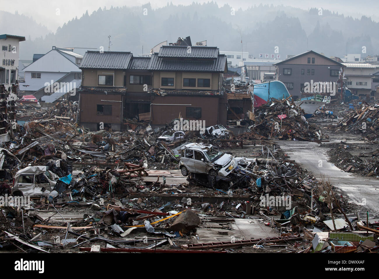 Kesennuma devastated by tsunami, Miyagi, Japan Stock Photo