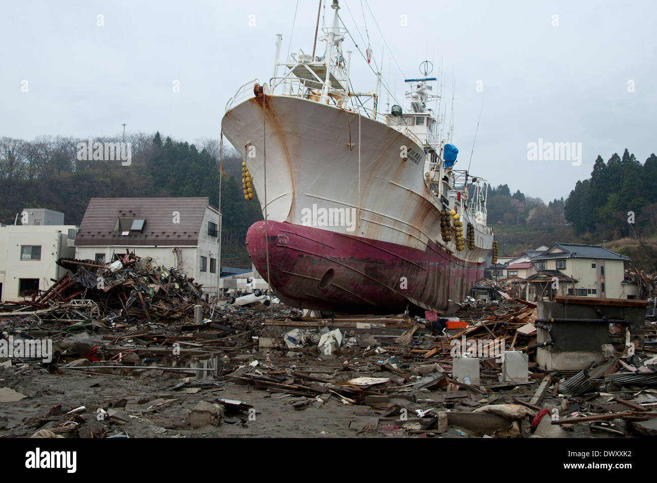 Fishing boat washed ashore by tsunami, Miyagi, Japan Stock Photo