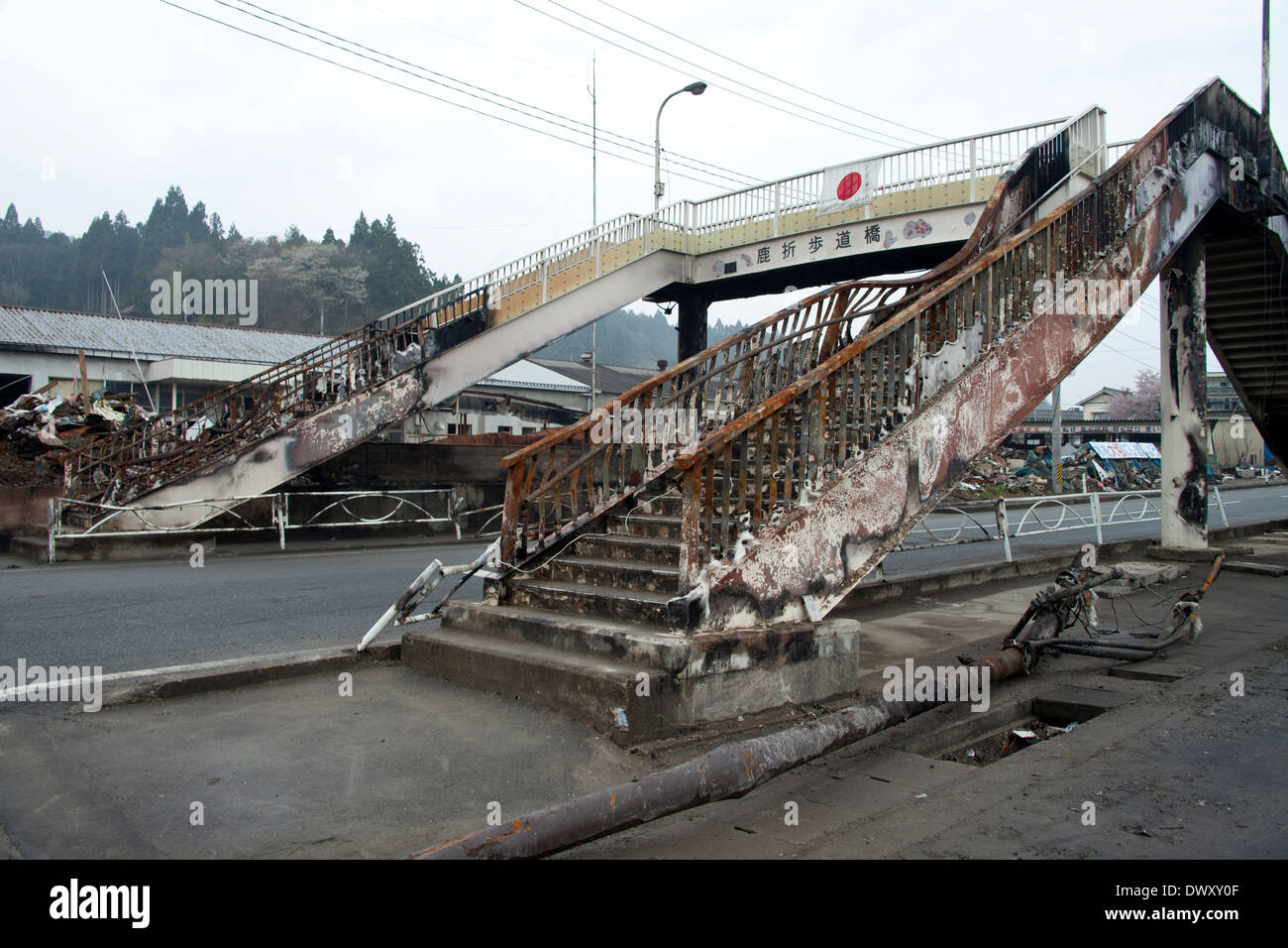 Burned pedestrian footbridge, Miyagi, Japan Stock Photo