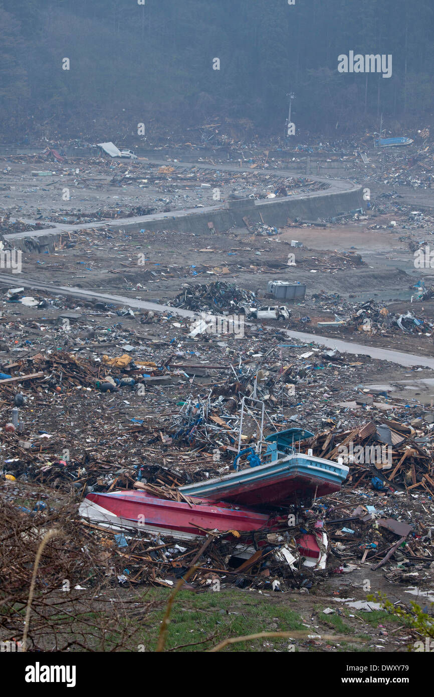 City of Rikuzentakata devastated by tsunami, Iwate, Japan Stock Photo