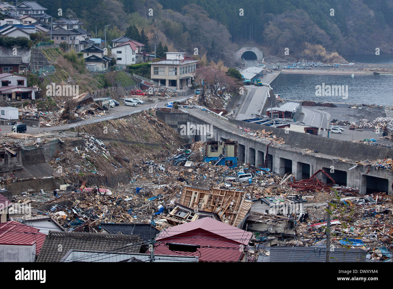 Kamaishi devastated by tsunami, Iwate, Japan Stock Photo