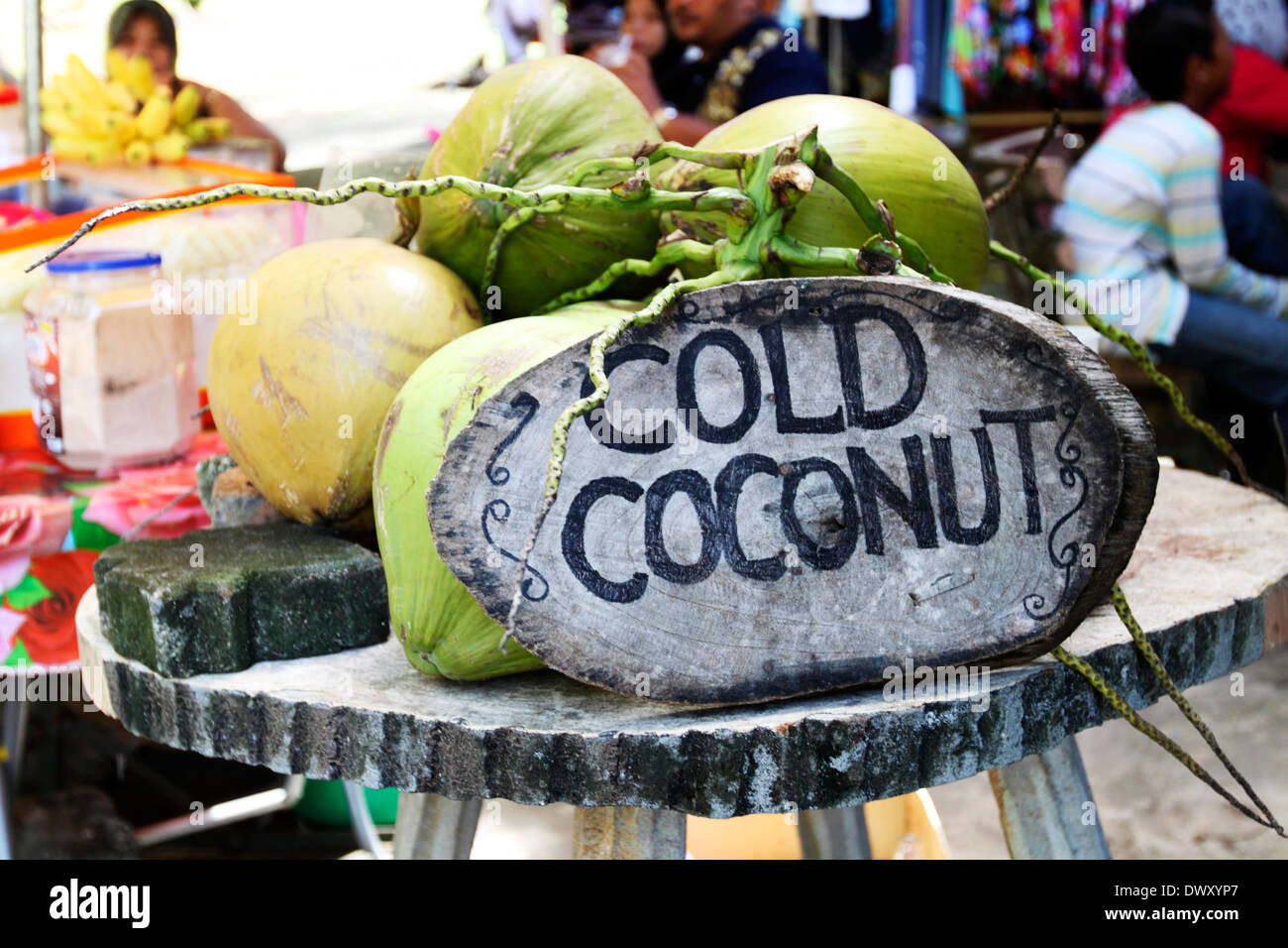 A coconut drink street stand with fresh coconuts in Malaysia Stock