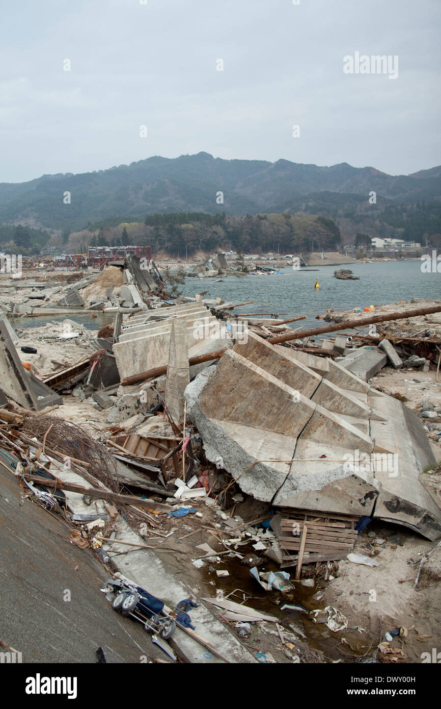 Devastation caused by tsunami, Iwate, Japan Stock Photo