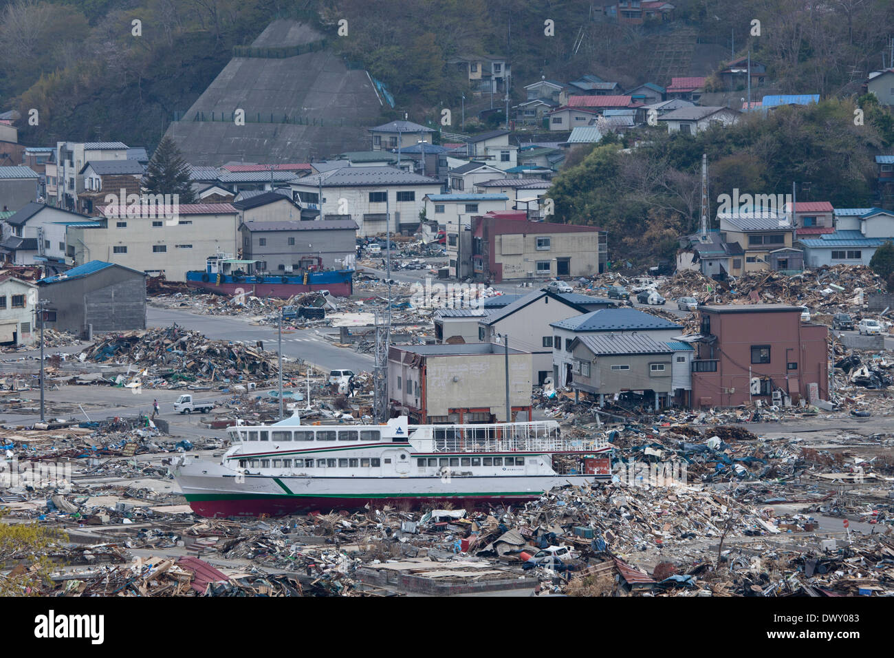 City of Miyako devastated by tsunami, Iwate, Japan Stock Photo