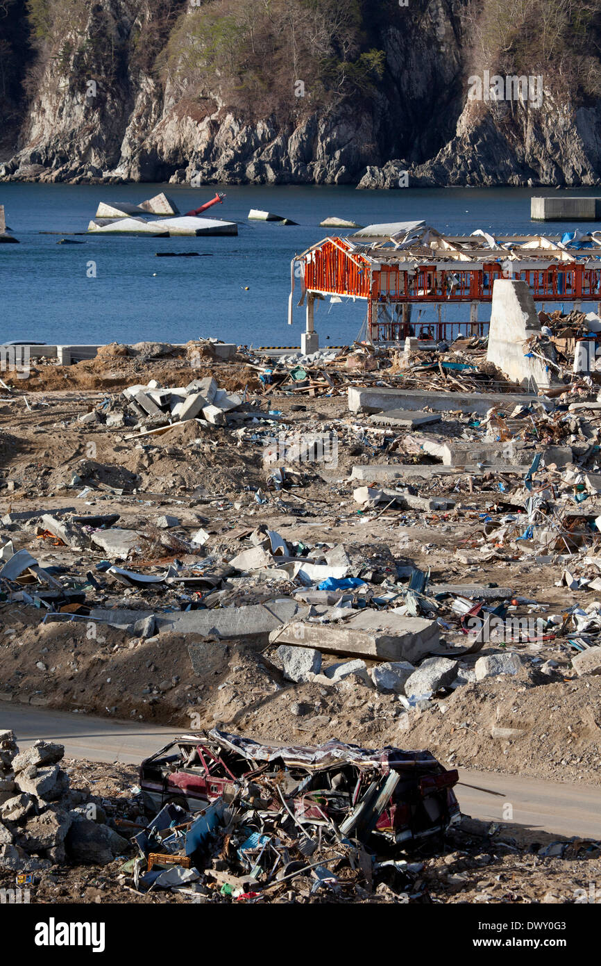 Devastation caused by tsunami, Iwate, Japan Stock Photo