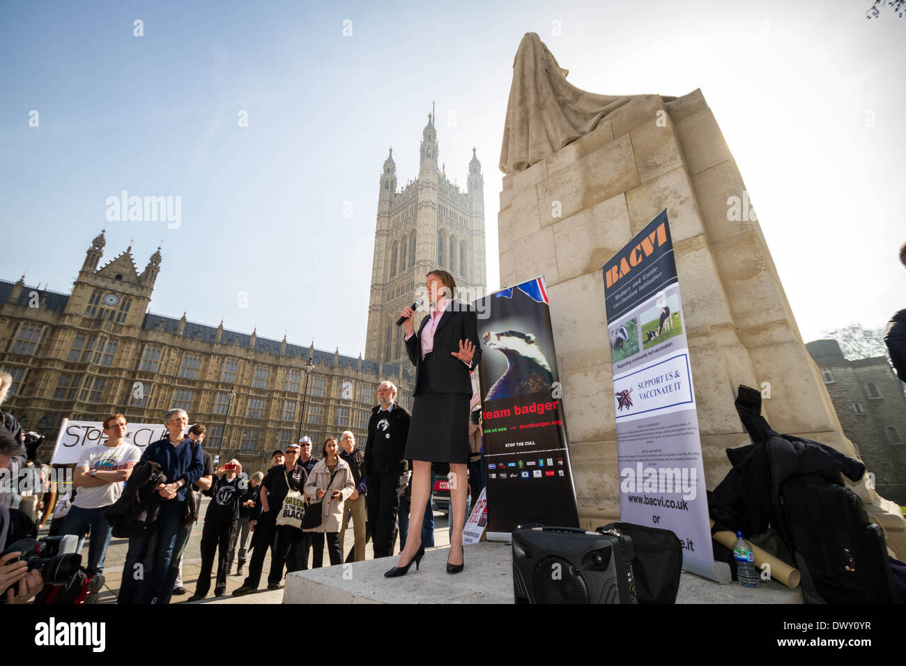 Tracey Crouch, conservative MP for Chatham and Aylesford, speaks at the British Badger Cull Protest outside Parliament in London Stock Photo