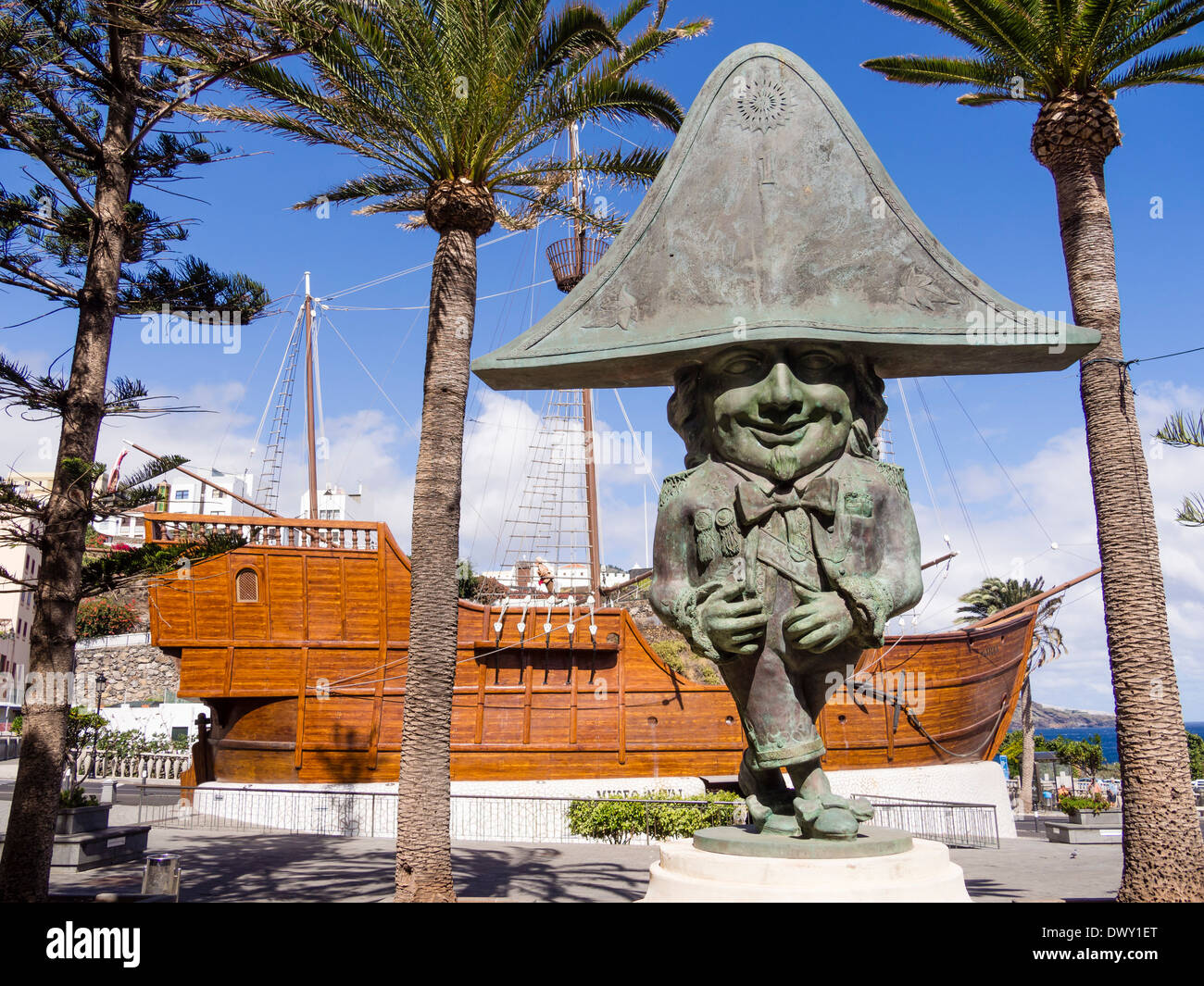A statue of a dwarf (modelled on Napoleon) stands in front of the Museo Naval Santa Maria at Santa Cruz, La Palma, Canaries. Stock Photo