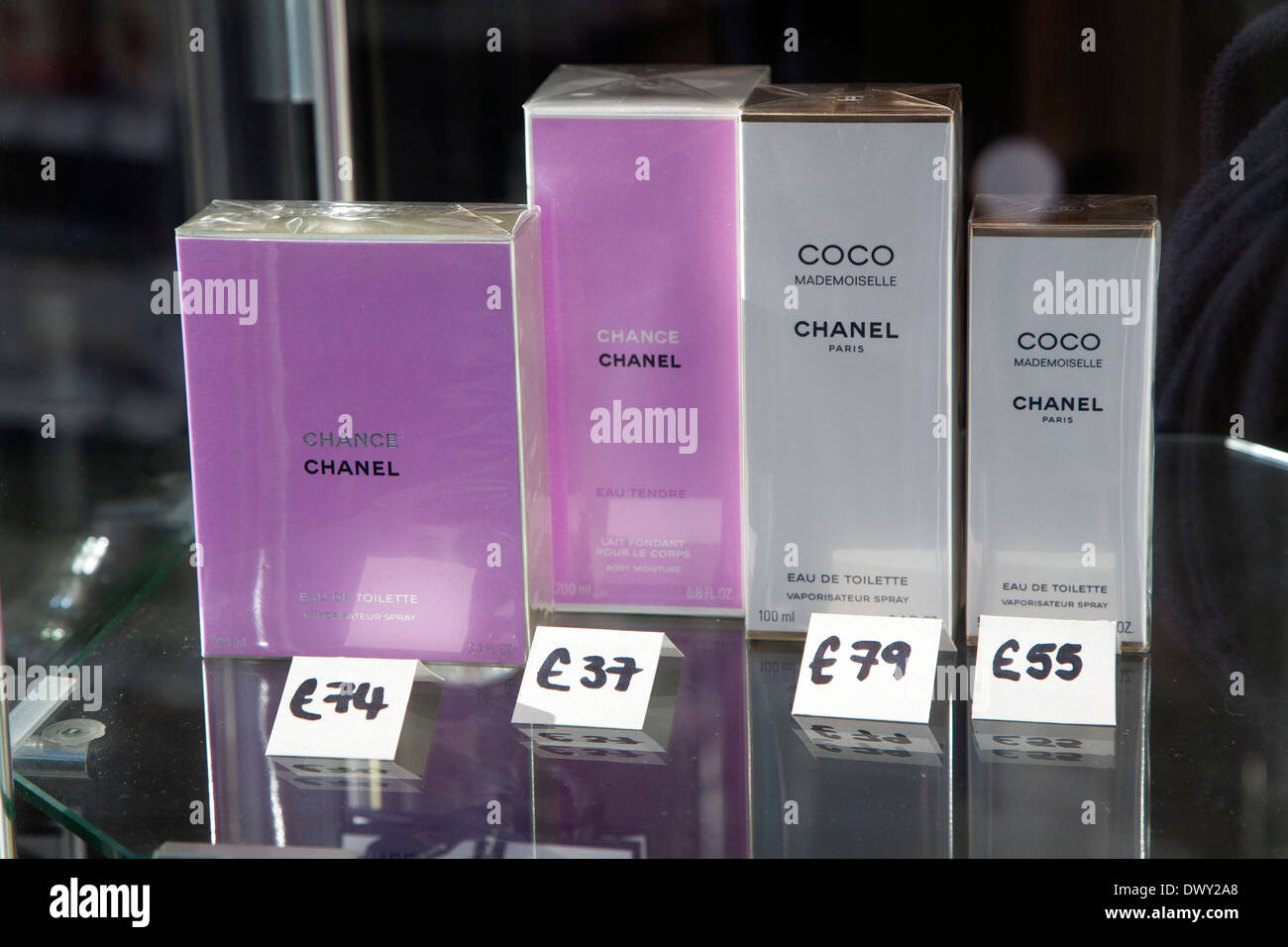 Close up of priced Chanel perfume products, UK Stock Photo