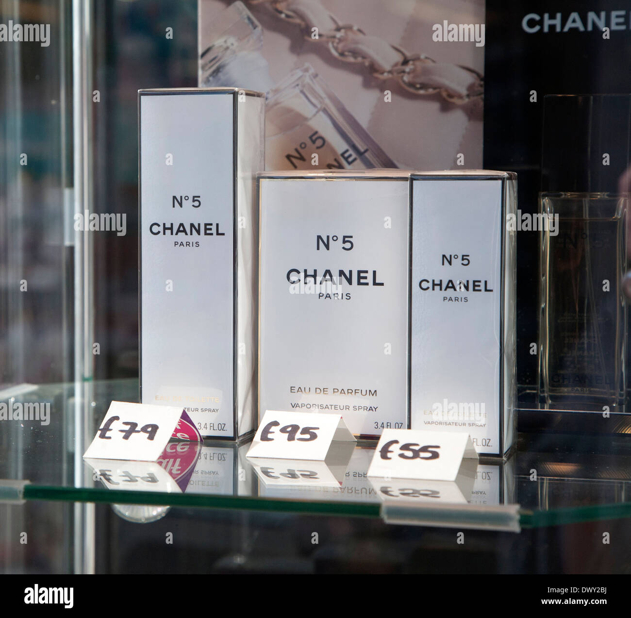 Close up of priced Chanel Number 5 perfume products, UK Stock Photo