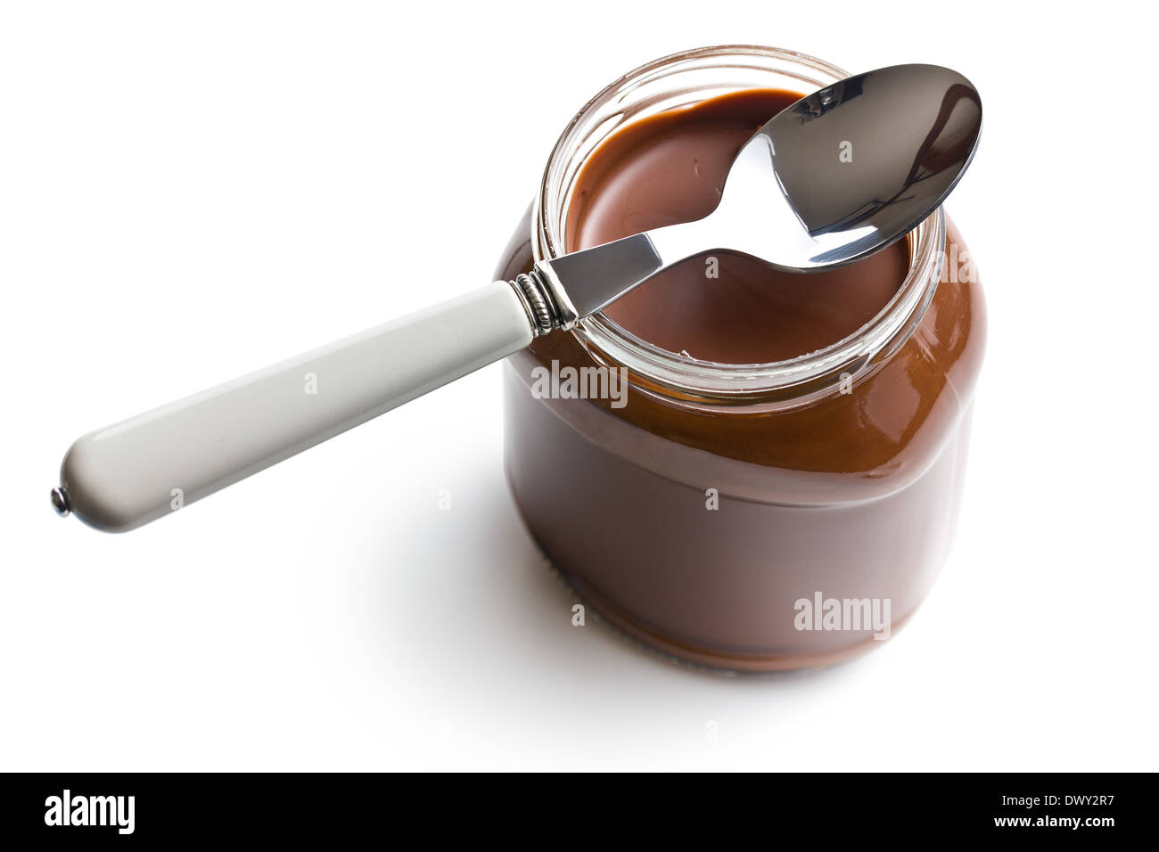 chocolate spread in jar on white background Stock Photo