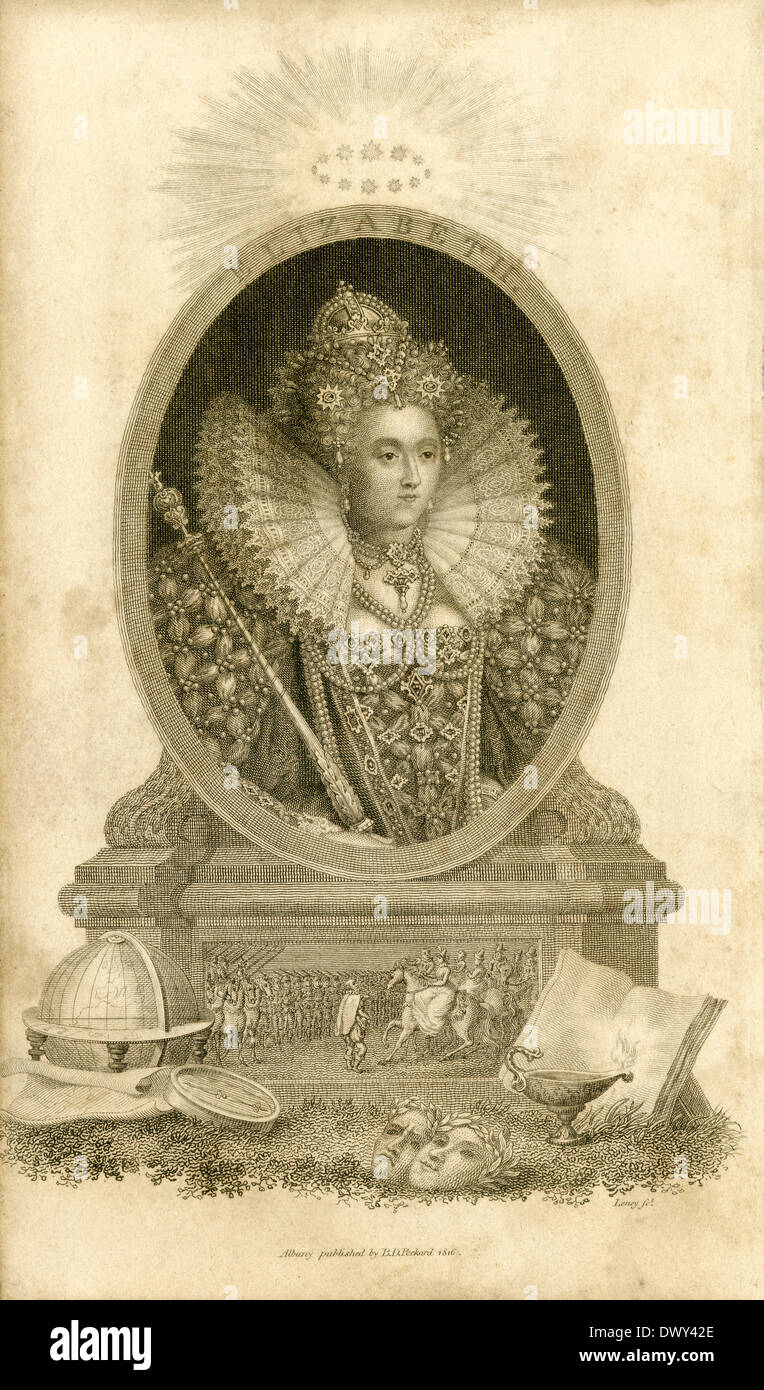 1816 antique engraving, Queen Elizabeth I of England. Stock Photo