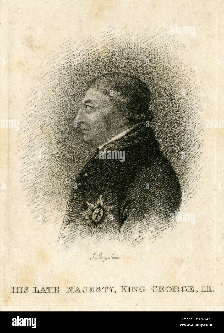 Circa 1820 antique engraving, His Late Majesty, King George III of the United Kingdom. Stock Photo