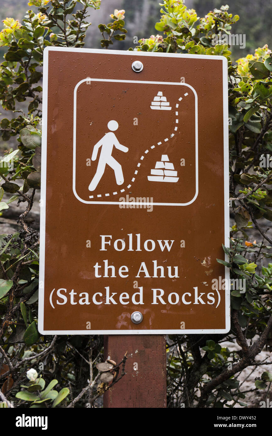 Sign "Follow the Ahu (Stacked Rocks)". Kilauea Iki trail, Hawaii