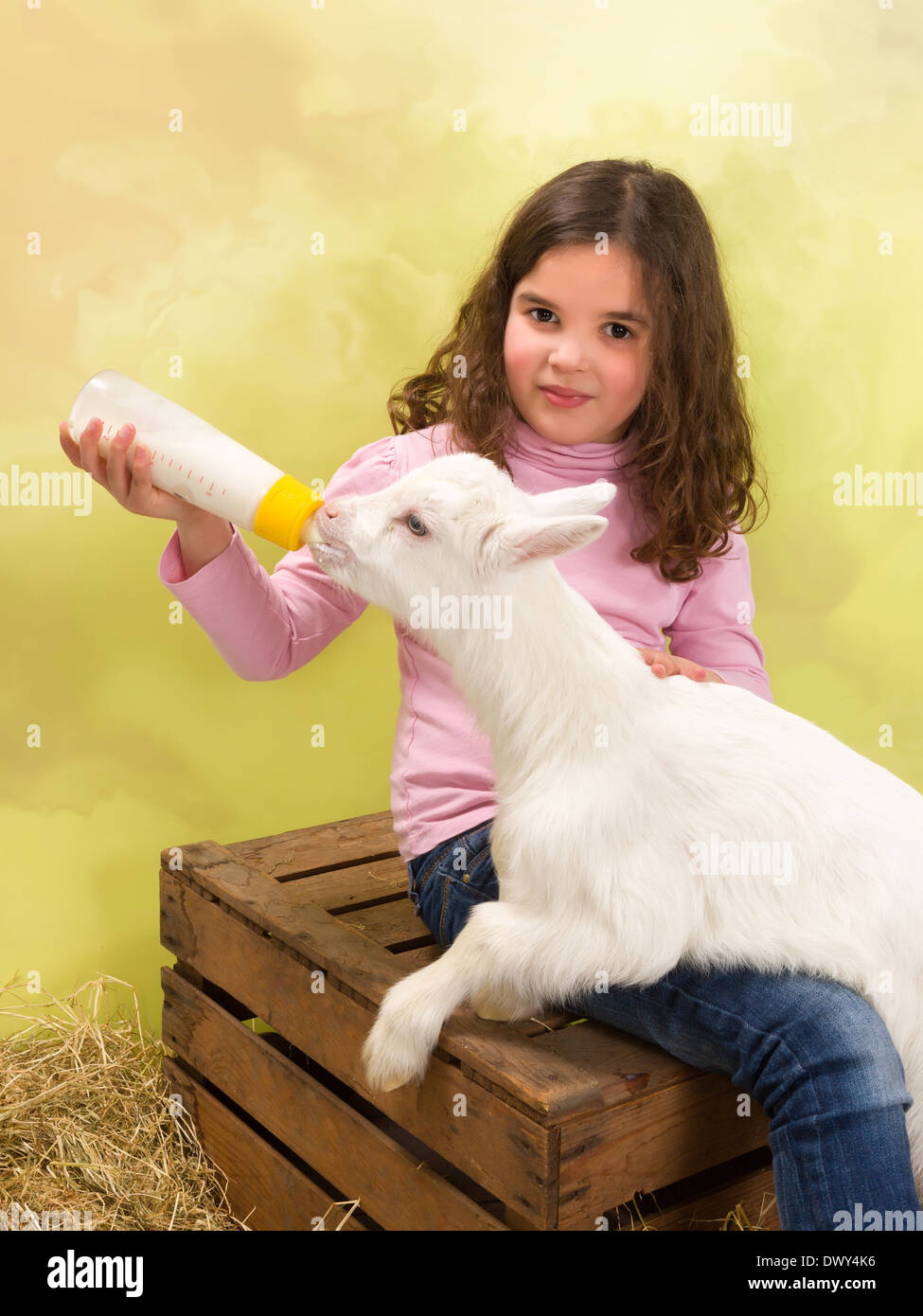 Lovely girl feeding a newborn baby goat with a milk bottle Stock Photo