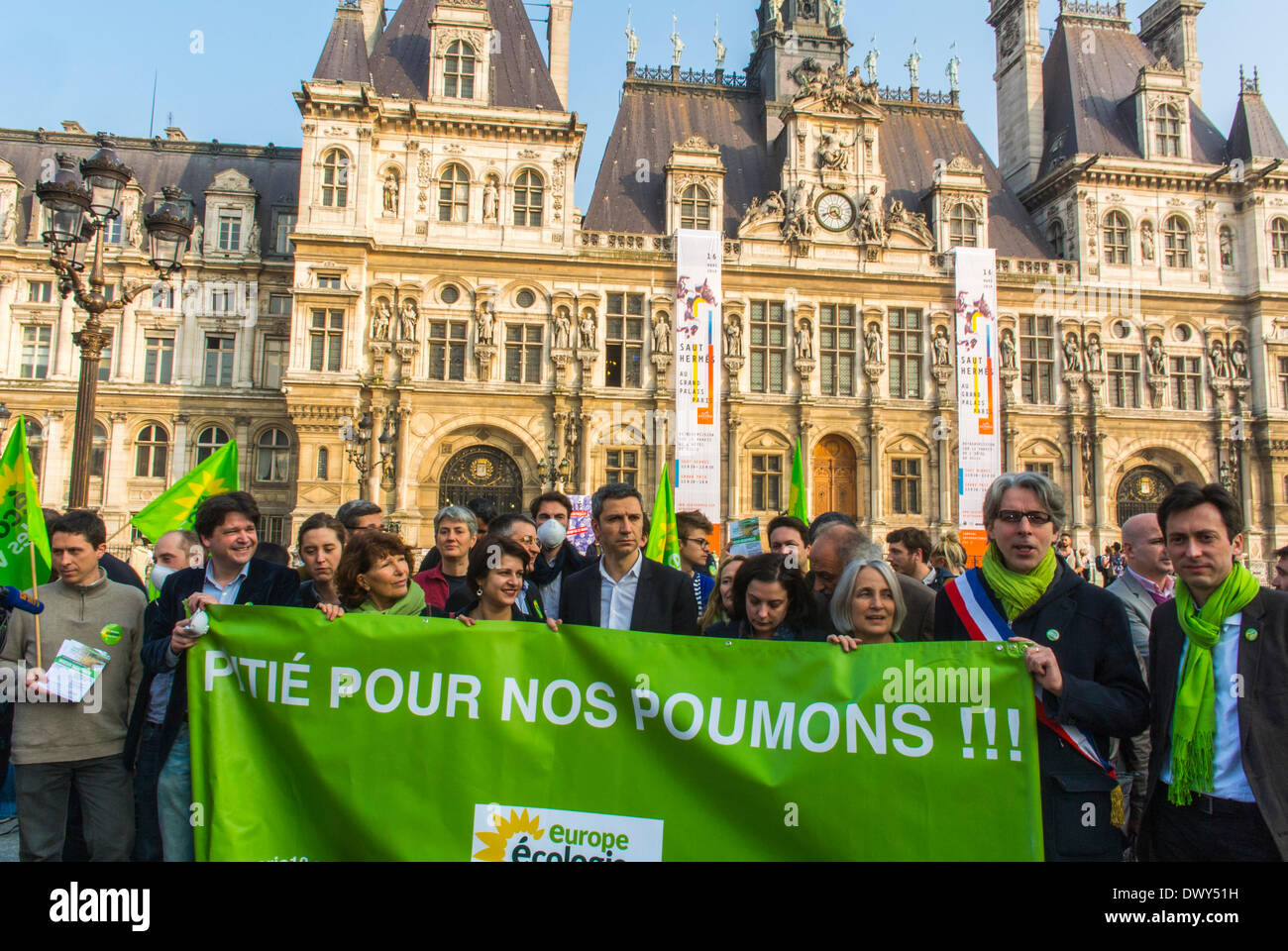 Paris, France. Crowd French People, Green Party protesting Air Pollution, Demand Alternative Lic-ense Plate Dri-ving Plan, Holding Protest Banners, hotel de ville paris Stock Photo