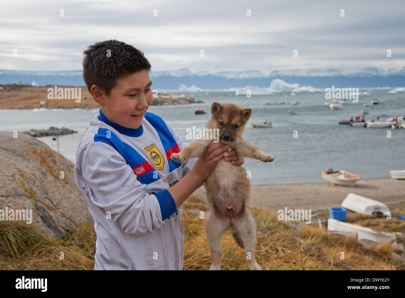 Greenland, Nuussuaq Peninsula, Disko Bay, Qaasuitsup, Saqqaq. Village boy with sled dog puppy. Stock Photo