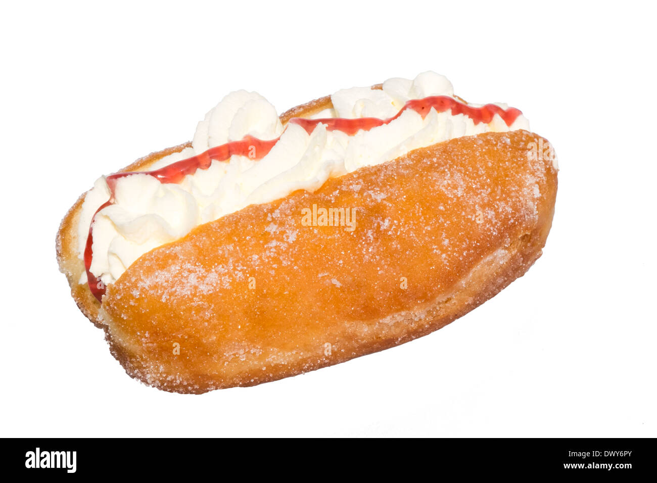 Donut with cream & jam isolated against a white background. Stock Photo