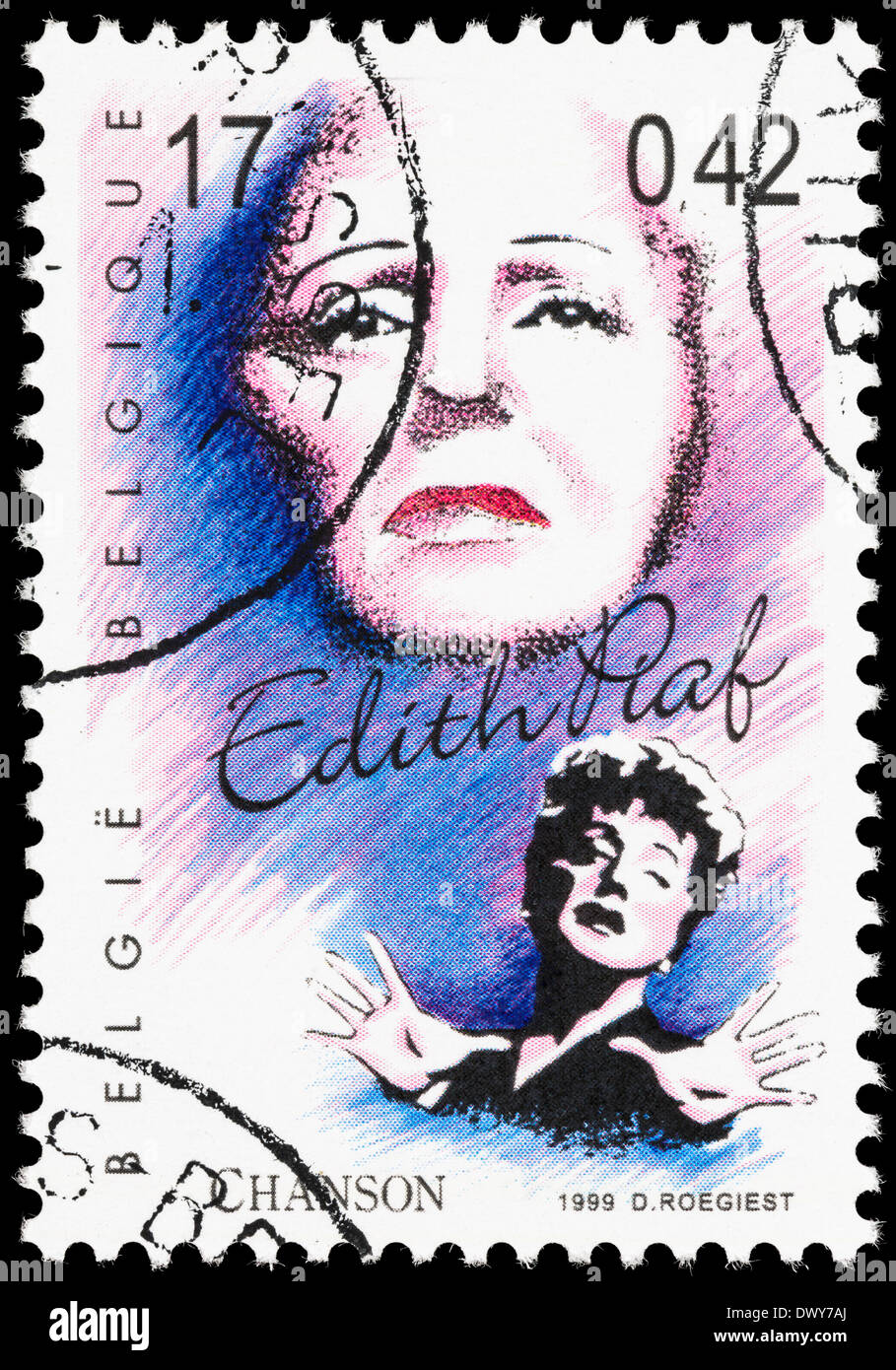 Belgium postage stamp with an illustration of French singer Edith Piaf. Stock Photo