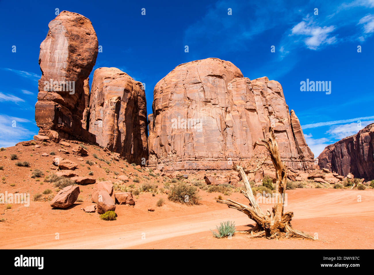 Complementary colours blue and orange in this iconic view of Monument Valley, USA Stock Photo