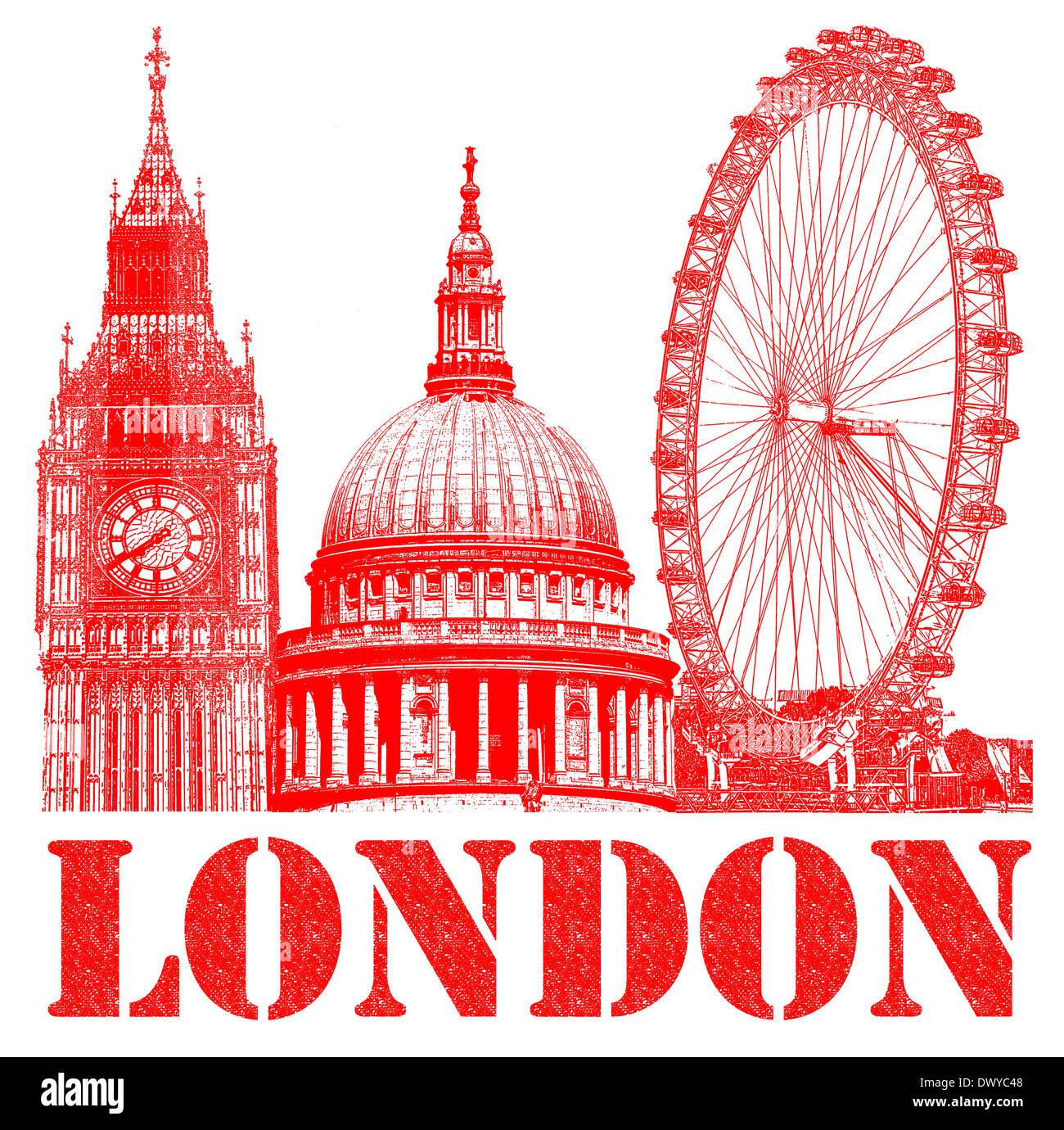 A red London rubber stamp featuring Big Ben, St. Paul's Cathedral and the London Eye. Stock Photo
