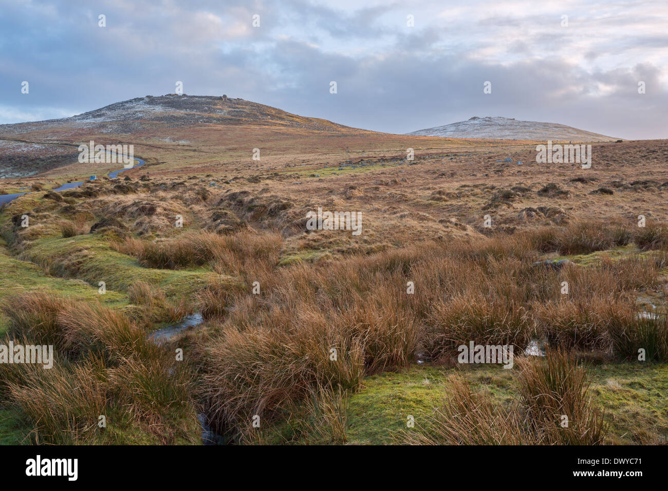 A light dusting of snow on the peaks  of West mill and Yes Tor Dartmoor national park Devon Uk Stock Photo