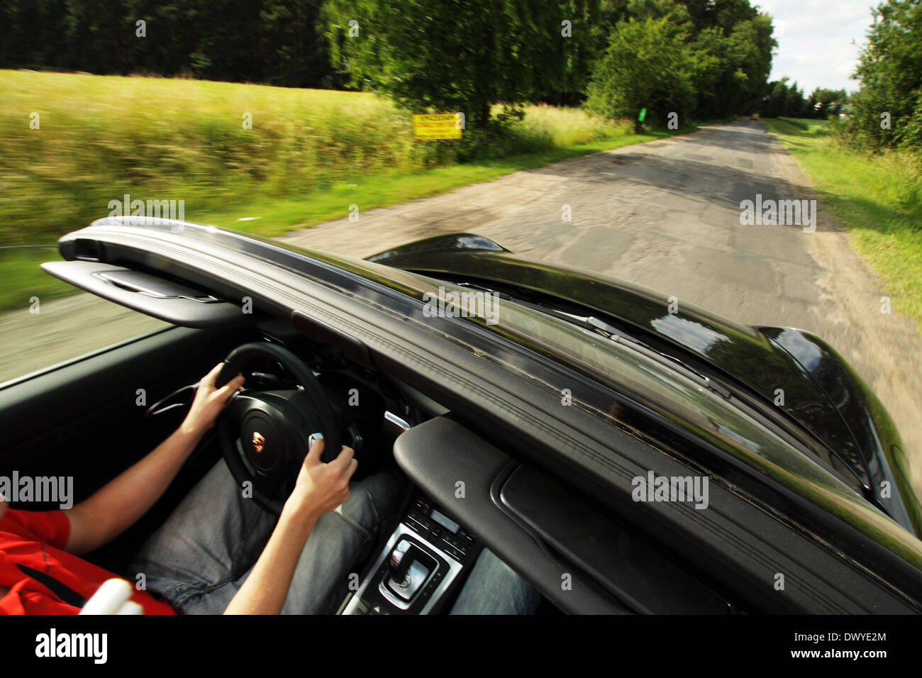 Landsberg on the Warta River, Poland, driving a convertible over the country roads Stock Photo