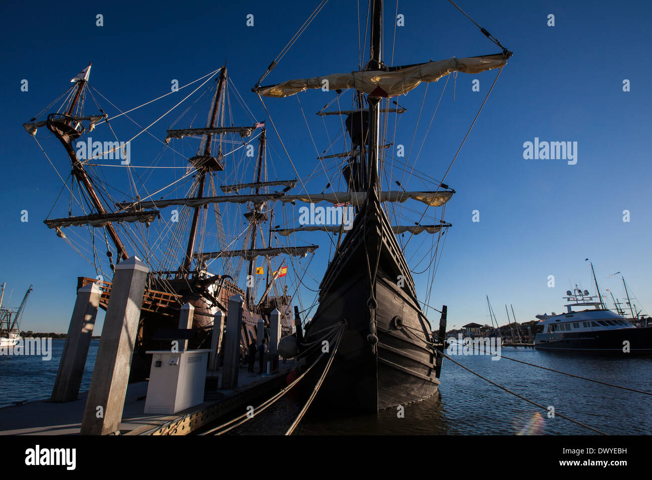El Galeon Andalucia and Nao Victoria replica ships are pictured in St. Augustine, Florida Stock Photo