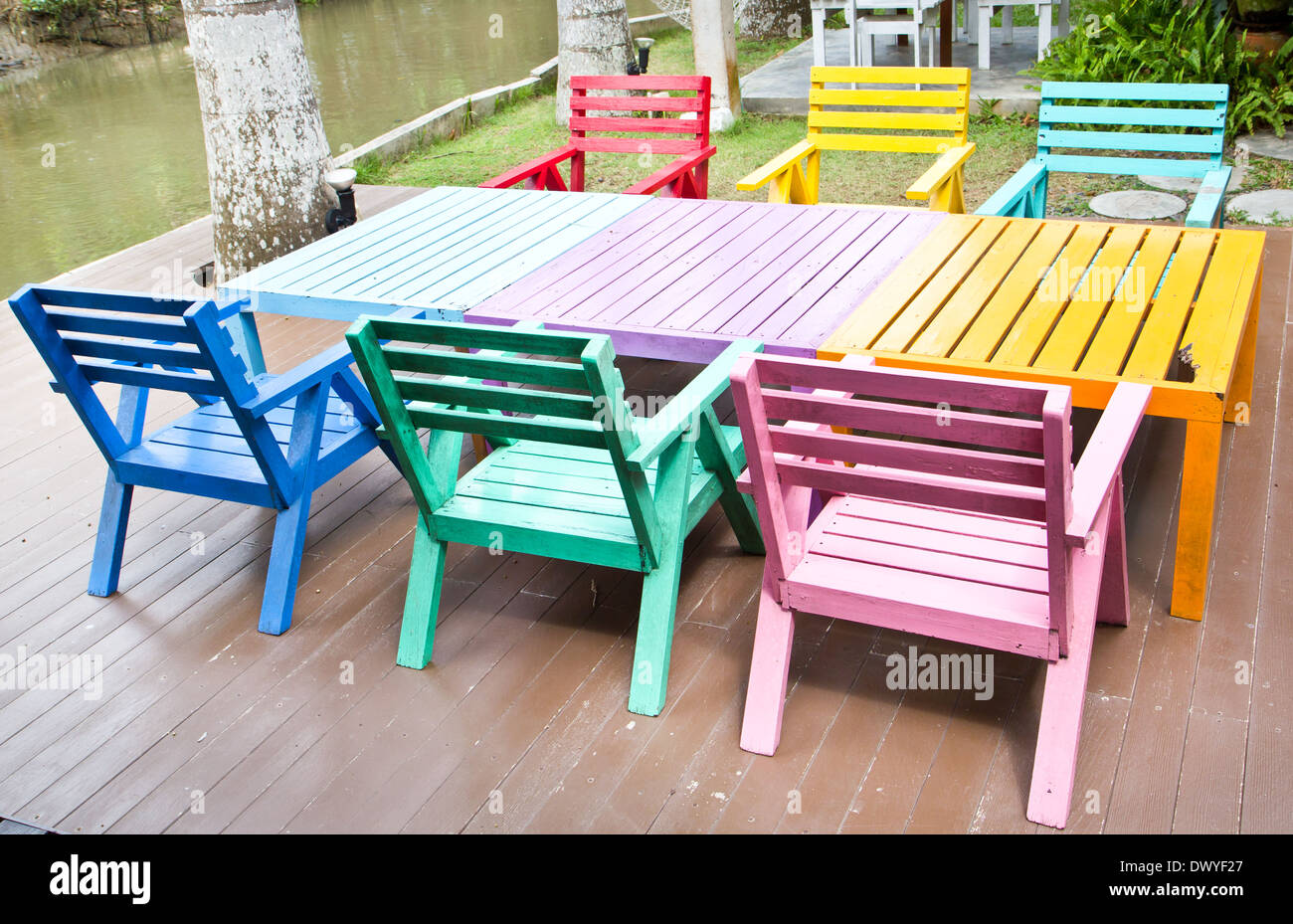 Colorful wooden armchairs Stock Photo