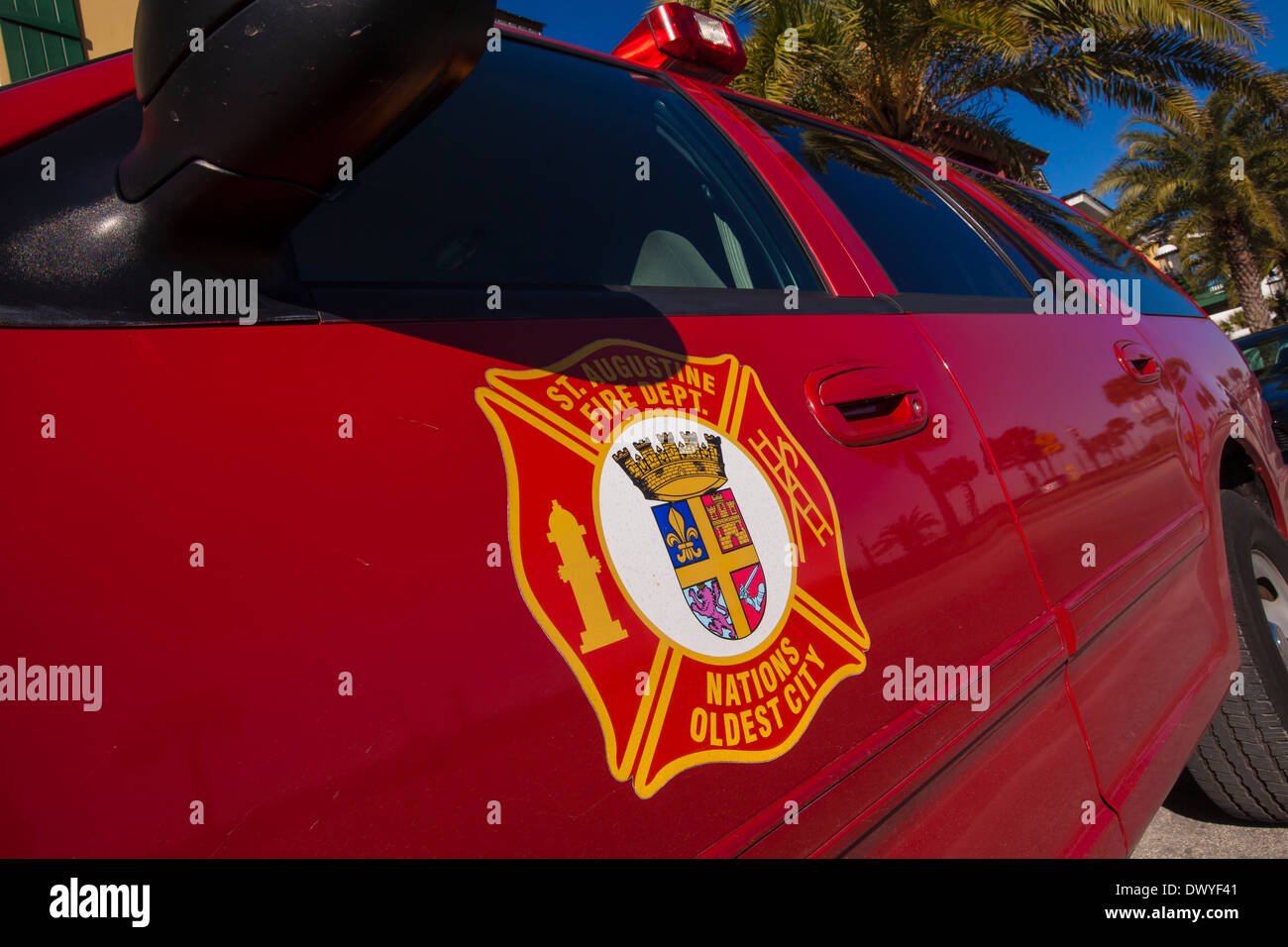 St. Augustine Fire department logo is pictured on a car in St. Augustine, Florida Stock Photo