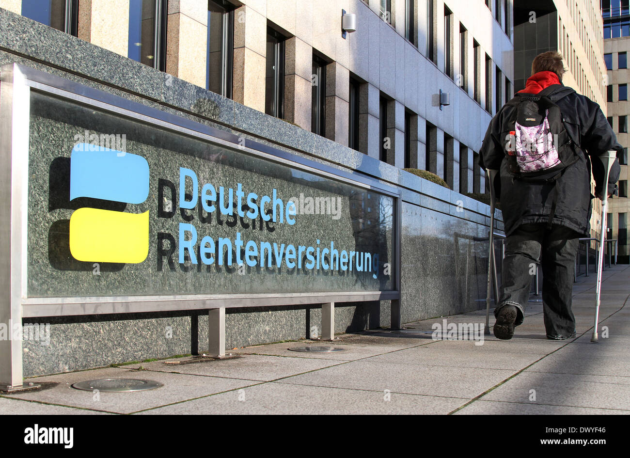 Berlin, Germany, a woman on crutches on the way to the German Pension