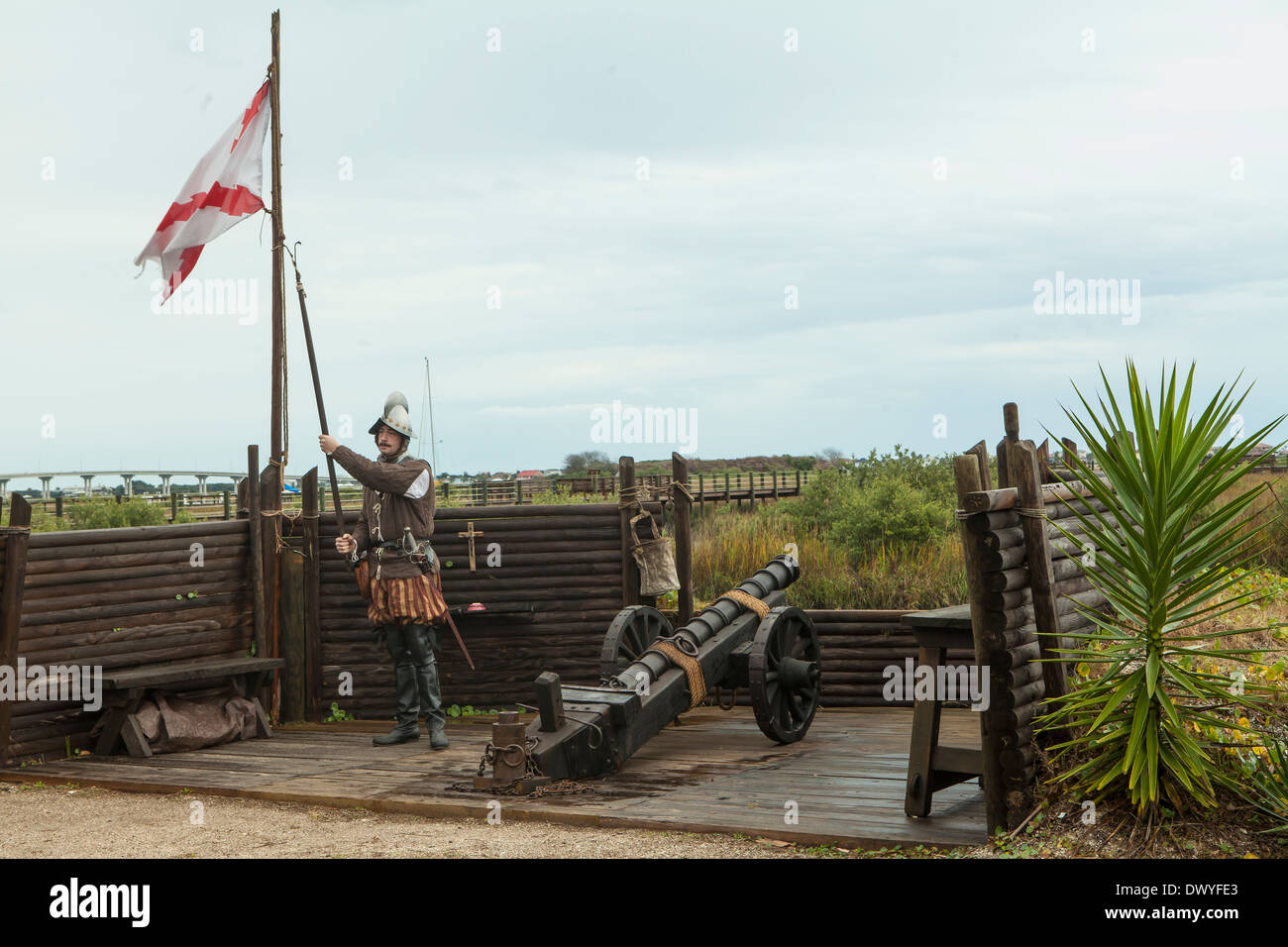A reenactor operates a cannon in St. Augustine Fountain of Youth Archaeological Park Stock Photo