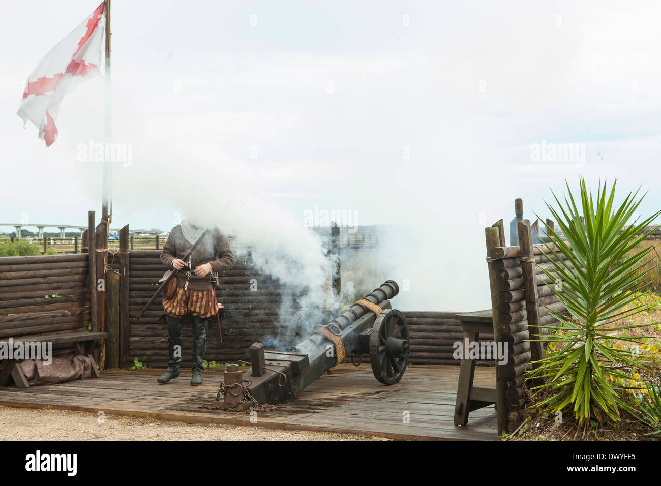 A reenactor operates a cannon in St. Augustine Fountain of Youth Archaeological Park Stock Photo
