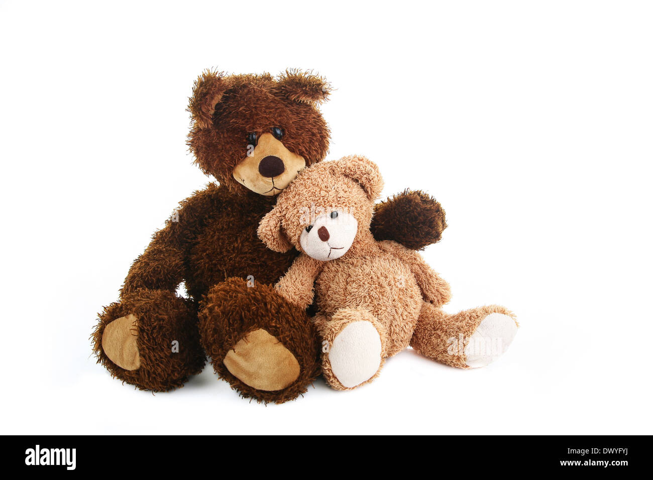 Two teddy bears, bigger and smaller, sitting close to each other like they are best friends. Stock Photo