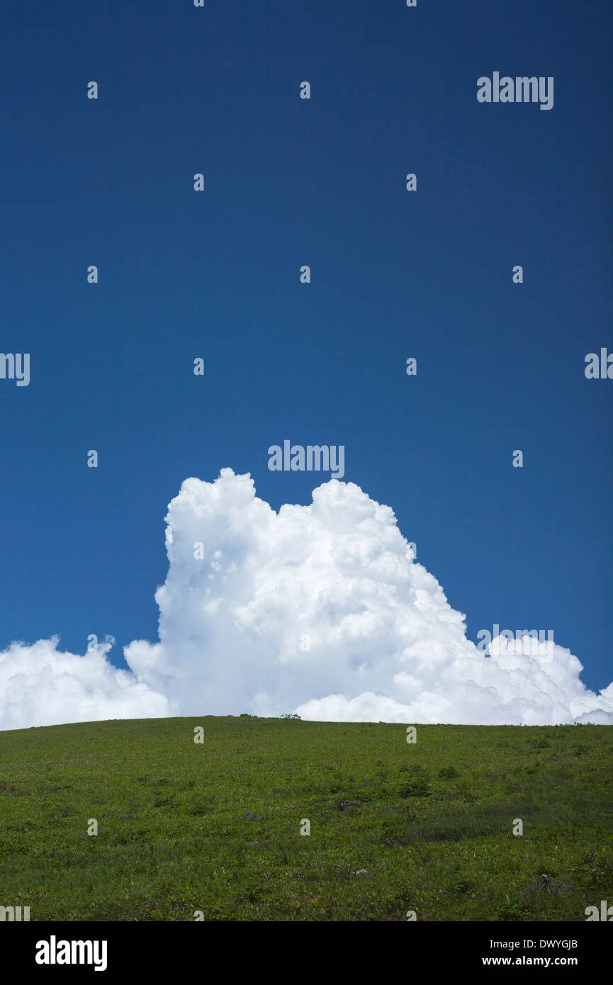 Clouds in Blue Sky and Grassland, Nagano Prefecture, Japan Stock Photo