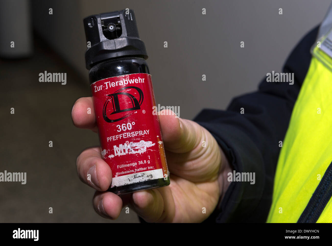 Berlin, Germany, employees of DB Sicherheit GmbH shows a pepper spray Stock Photo